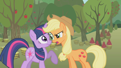 Size: 1280x720 | Tagged: safe, screencap, character:applejack, character:twilight sparkle, character:twilight sparkle (unicorn), species:pony, species:unicorn, episode:applebuck season, g4, my little pony: friendship is magic, apple, apple tree, tree