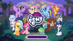 Size: 1920x1080 | Tagged: safe, gameloft, screencap, character:applejack, character:flash magnus, character:fluttershy, character:meadowbrook, character:pinkie pie, character:rainbow dash, character:rarity, character:silverstream, character:smolder, character:star swirl the bearded, character:twilight sparkle, character:twilight sparkle (alicorn), character:yona, species:alicorn, species:classical hippogriff, species:dragon, species:earth pony, species:hippogriff, species:pegasus, species:pony, species:unicorn, species:yak, bow, clothing, cloven hooves, cowboy hat, dragoness, female, flying, hair bow, hat, helmet, jewelry, looking at you, low res image, male, mane six, mare, monkey swings, necklace, new crown, older, older silverstream, older smolder, stallion, treehouse of harmony