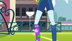 Size: 1280x720 | Tagged: safe, screencap, character:rainbow dash, episode:sock it to me, g4, my little pony:equestria girls, blue skin, clothing, gym shorts, high socks, sexy, shorts, sock it to me: rarity, solo, sports shorts, tomboy