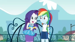 Size: 1280x720 | Tagged: safe, screencap, character:rainbow dash, character:rarity, episode:sock it to me, g4, my little pony:equestria girls, clothing, dress, female, gym shorts, happy, shirt, shorts, smiling, sock it to me: rarity, sports shorts, t-shirt, thighs, tomboy, wristband