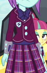 Size: 701x1080 | Tagged: safe, screencap, character:sour sweet, character:sunny flare, equestria girls:friendship games, g4, my little pony:equestria girls, bow tie, clothing, cropped, crystal prep academy uniform, female, freckles, plaid skirt, pleated skirt, school uniform, skirt, sunny flare's wrist devices
