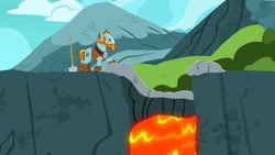 Size: 1280x720 | Tagged: safe, screencap, character:rockhoof, species:pony, episode:campfire tales, g4, my little pony: friendship is magic, lava, male, shovel, solo, stallion