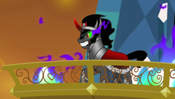 Size: 1280x720 | Tagged: safe, screencap, character:king sombra, species:pony, species:unicorn, episode:the crystal empire, g4, my little pony: friendship is magic, angry, armor, balcony, crystal empire, dark magic, fire, male, raised hoof, solo, sombra empire, sombra eyes, stallion