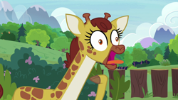 Size: 1920x1080 | Tagged: safe, screencap, character:clementine, episode:she talks to angel, g4, my little pony: friendship is magic, cloven hooves, female, giraffe, raised hoof, solo, sweet feather sanctuary, tongue out