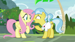 Size: 1920x1080 | Tagged: safe, screencap, character:angel bunny, character:doctor fauna, character:fluttershy, species:earth pony, species:pegasus, species:pony, episode:she talks to angel, g4, my little pony: friendship is magic, body swap, clothing, duo, female, mare, ponytail, raised hoof, shirt, tail wrap