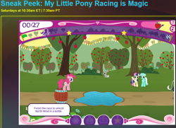 Size: 844x612 | Tagged: safe, official, screencap, character:bon bon, character:lyra heartstrings, character:pinkie pie, character:sweetie drops, apple tree, barrel, game, hubworld, racing is magic, tree