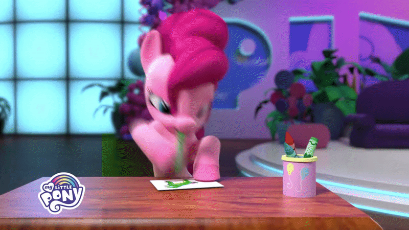Size: 800x450 | Tagged: safe, screencap, character:gummy, character:pinkie pie, species:earth pony, species:pony, 3d, alligator, animated, beret, bring home the fun, chair, clothing, crayon, cup, drawing, easel, facial hair, gif, hat, hello pinkie pie, looking at you, moustache, my little pony logo, paintbrush, painting, shocked, stage, stool, table