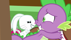 Size: 1280x720 | Tagged: safe, screencap, character:angel bunny, character:spike, character:winona, episode:just for sidekicks, g4, my little pony: friendship is magic, angel is a bunny bastard, bad poker face, evil grin, faec, nervous, pure unfiltered evil, slasher smile