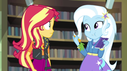 Size: 1280x720 | Tagged: safe, screencap, character:sunset shimmer, character:trixie, equestria girls:forgotten friendship, g4, my little pony:equestria girls, carrot, cute, diatrixes, duo, duo female, female, food