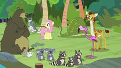 Size: 1920x1080 | Tagged: safe, screencap, character:angel bunny, character:clementine, character:fluttershy, character:harry, character:muriel, species:bird, species:pegasus, species:pony, species:wolf, episode:she talks to angel, g4, my little pony: friendship is magic, antoine, bear, body swap, cloven hooves, collar, crossed arms, dog collar, female, flamingo, giraffe, implied muriel, koala, leash, mare, mouse, python, raccoon, sandra, scout (flamingo), sitting, smoky, smoky jr., snake, softpad, sweet feather sanctuary, vore