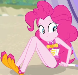 Size: 468x452 | Tagged: safe, screencap, character:pinkie pie, equestria girls:forgotten friendship, g4, my little pony:equestria girls, beach, beach chair, blurred background, bow tie, clothing, cropped, curly hair, cute, diapinkes, female, flippers, geode of sugar bombs, jewelry, legs, looking down, magical geodes, necklace, outdoors, sand, sitting, sleeveless, smiling, solo, swimsuit