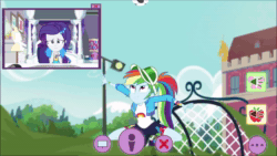 Size: 1920x1080 | Tagged: safe, screencap, character:rainbow dash, character:rarity, episode:festival looks, g4, my little pony:equestria girls, animated, bicycle kick, clothing, female, football, picture in picture, rainbow socks, rarity's bedroom, shoes, sneakers, soccer field, soccer goalpost, socks, sound, sports, striped socks, touchdown, visor, webm