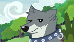 Size: 1920x1080 | Tagged: safe, screencap, species:wolf, episode:she talks to angel, g4, my little pony: friendship is magic, cloud, collar, dog collar, female, forest, leash, lidded eyes, reluctant, sandra, solo, tree, unamused
