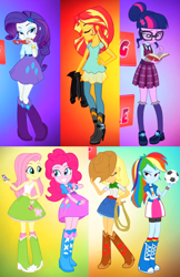 Size: 742x1146 | Tagged: safe, screencap, character:applejack, character:fluttershy, character:pinkie pie, character:rainbow dash, character:rarity, character:sunset shimmer, character:twilight sparkle, character:twilight sparkle (scitwi), species:eqg human, equestria girls:friendship games, g4, my little pony:equestria girls, ball, book, clothing, glasses, hat, humane five, humane seven, humane six, intro, jacket
