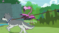 Size: 1920x1080 | Tagged: safe, screencap, species:bird, species:wolf, episode:she talks to angel, g4, my little pony: friendship is magic, collar, dog collar, duo, flamingo, leash, running, sandra, scout (flamingo)