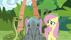 Size: 1920x1080 | Tagged: safe, screencap, character:angel bunny, character:fluttershy, character:muriel, species:pegasus, species:pony, episode:she talks to angel, g4, my little pony: friendship is magic, about to pass out, antoine, baby elephant, body swap, drool, elephant, exhausted, fangs, female, frown, impressed, looking at each other, male, mare, miserable, not fluttershy, python, raised eyebrow, raised hoof, smiling, snake, stressed, talking, trio