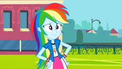 Size: 1280x720 | Tagged: safe, screencap, character:rainbow dash, equestria girls:equestria girls, g4, my little pony:equestria girls, clothing, long hair, skirt, solo, wristband