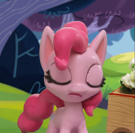 Size: 457x450 | Tagged: safe, screencap, character:pinkie pie, species:earth pony, species:pony, g4.5, my little pony: stop motion short, my little pony:pony life, animated, cropped, gif, nervous grin, outdoors, pinkie pie vs the flowers, raised hoof, sheepish grin, solo, stop motion, tree