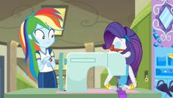 Size: 1280x720 | Tagged: safe, screencap, character:rainbow dash, character:rarity, episode:sock it to me, g4, my little pony:equestria girls, clothing, glasses, rarity's glasses, sewing machine, shoes, sock it to me: rarity, uniform, wristband