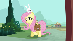 Size: 1280x720 | Tagged: safe, screencap, character:angel bunny, character:fluttershy, episode:just for sidekicks, g4, my little pony: friendship is magic, smiling, unamused