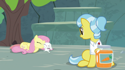 Size: 1920x1080 | Tagged: safe, screencap, character:angel bunny, character:doctor fauna, character:fluttershy, species:earth pony, species:pegasus, species:pony, species:rabbit, episode:she talks to angel, g4, my little pony: friendship is magic, animal, clothing, concentrated carrot extract, eyes closed, female, jar, male, mare, nuzzling, ponytail, shirt