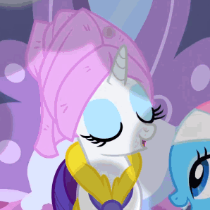 Size: 298x298 | Tagged: safe, screencap, character:lotus blossom, character:rarity, episode:green isn't your color, g4, my little pony: friendship is magic, animated, applying, bathrobe, clothing, cropped, duo, mouth hold, mud mask, robe, spa, towel, towel on head