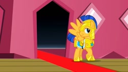 Size: 1280x720 | Tagged: safe, screencap, character:flash sentry, species:pegasus, species:pony, episode:three's a crowd, g4, my little pony: friendship is magic, armor, carpet, male, royal guard, royal guard armor, solo, spread wings, stallion, train, wings