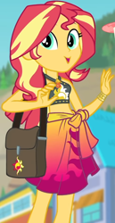 Size: 486x945 | Tagged: safe, screencap, character:sunset shimmer, equestria girls:forgotten friendship, g4, my little pony:equestria girls, belly button, bikini, bikini top, blurred background, building, clothing, cropped, cute, drone, female, forest background, geode of empathy, jewelry, legs, magical geodes, midriff, necklace, outdoors, sarong, sexy, shimmerbetes, shoulder bag, sky, sleeveless, smiling, solo, sun, swimsuit