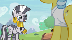 Size: 1920x1080 | Tagged: safe, screencap, character:doctor fauna, character:zecora, species:earth pony, species:pony, species:zebra, episode:she talks to angel, g4, my little pony: friendship is magic, beautiful, cutie mark, ear piercing, earring, female, hoof on chest, jewelry, looking at someone, mare, mohawk, neck rings, offscreen character, piercing, smiling, sweet feather sanctuary, talking