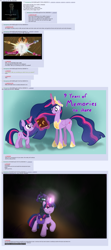 Size: 1383x3125 | Tagged: safe, artist:nitei, artist:sonicrainboom93, screencap, character:twilight sparkle, character:twilight sparkle (alicorn), character:twilight sparkle (unicorn), oc, oc:nyx, species:alicorn, species:pony, species:unicorn, /mlp/, fanfic:past sins, episode:magical mystery cure, episode:the last problem, g4, my little pony: friendship is magic, spoilers for another series, 4chan, alicorn drama, alicorn oc, bag, blue background, book of harmony, crown, drama, duality, end of ponies, glowing horn, gman, half-life, half-life: alyx, horn, jewelry, magic, mlp fim's ninth anniversary, princess twilight 2.0, regalia, saddle bag, self ponidox, simple background, smiling, time paradox, unforeseen consequences, wings