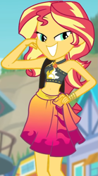 Size: 521x940 | Tagged: safe, screencap, character:sunset shimmer, equestria girls:forgotten friendship, g4, my little pony:equestria girls, belly button, bikini, bikini top, blurred background, building, clothing, cropped, cute, female, forest background, geode of empathy, jewelry, legs, lidded eyes, magical geodes, midriff, necklace, pose, sarong, sexy, shimmerbetes, shoulder bag, sky, sleeveless, smiling, solo, sun, swimsuit