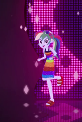 Size: 488x720 | Tagged: safe, screencap, character:rainbow dash, episode:i'm on a yacht, g4, my little pony:equestria girls, clothing, cropped, cute, dancing, dashabetes, dress, looking at you, neon eg logo, rainbow dash always dresses in style, sandals, sleeveless, solo