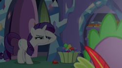 Size: 1920x1080 | Tagged: safe, screencap, character:rarity, character:spike, species:dragon, species:pony, species:unicorn, episode:dragon dropped, g4, my little pony: friendship is magic, dark, female, gem, mare, narrowed eyes, quill, spike's room, squint, twilight's castle, winged spike