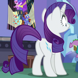 Size: 497x497 | Tagged: safe, screencap, character:rarity, character:spike, species:pony, species:unicorn, episode:dragon dropped, g4, my little pony: friendship is magic, butt, cropped, female, mare, plot, rearity, solo focus