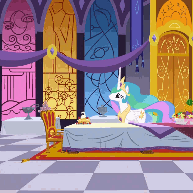 Size: 626x626 | Tagged: safe, screencap, character:princess celestia, species:alicorn, species:pony, derpibooru, episode:a royal problem, g4, my little pony: friendship is magic, animated, canterlot castle, cropped, juxtaposition, meta, solo