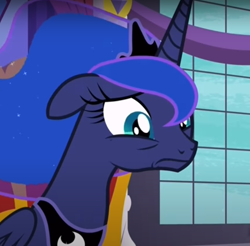 Size: 694x682 | Tagged: safe, screencap, character:princess luna, species:alicorn, species:pony, episode:a royal problem, g4, my little pony: friendship is magic, ashamed, bags under eyes, chestplate, cropped, crown, cyan eyes, ethereal mane, female, floppy ears, folded wings, frown, galaxy mane, guilty, jewelry, mare, regalia, sad, solo