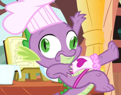 Size: 1018x797 | Tagged: safe, screencap, character:spike, episode:just for sidekicks, g4, my little pony: friendship is magic, apron, clothing, derp, didney worl, faec, falling, measuring cup, naked apron, solo
