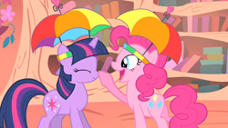Size: 1280x720 | Tagged: safe, screencap, character:pinkie pie, character:twilight sparkle, episode:feeling pinkie keen, g4, my little pony: friendship is magic, boop, clothing, cute, eyes closed, hat, honk, open mouth, smiling, umbrella hat