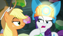 Size: 1920x1080 | Tagged: safe, screencap, character:applejack, character:rarity, species:earth pony, species:pony, species:unicorn, episode:dragon dropped, g4, my little pony: friendship is magic, applejack is not amused, applejack's hat, cowboy hat, displeased, duo, female, freckles, frown, gem, gem cave, glare, hard hat, hat, hoof on chest, mare, mining helmet, narrowed eyes, raised eyebrow, rant, replacement, stetson, unamused