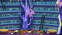 Size: 1920x1080 | Tagged: safe, screencap, character:twilight sparkle, character:twilight sparkle (alicorn), species:alicorn, species:pony, episode:dragon dropped, g4, my little pony: friendship is magic, book, bookshelf, crystal, female, flying, ladder, library, mare, solo, twilight's castle, twilight's castle library