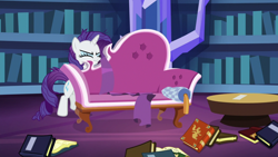 Size: 1920x1080 | Tagged: safe, screencap, character:rarity, species:pony, species:unicorn, episode:dragon dropped, g4, my little pony: friendship is magic, book, bookshelf, couch, eyes closed, fainting couch, female, library, mare, messy mane, solo, twilight's castle, twilight's castle library