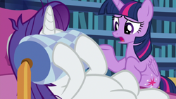Size: 1920x1080 | Tagged: safe, screencap, character:rarity, character:twilight sparkle, character:twilight sparkle (alicorn), species:alicorn, species:pony, species:unicorn, episode:dragon dropped, g4, my little pony: friendship is magic, bookshelf, duo, fainting couch, female, library, mare, pillow, throw pillow, twilight's castle, twilight's castle library