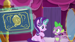 Size: 1280x720 | Tagged: safe, screencap, character:spike, character:starlight glimmer, species:dragon, species:pony, species:unicorn, episode:a-dressing memories, 9now, book, female, levitation, magic, male, mare, nine network, sitting, telekinesis