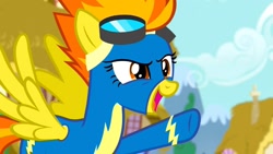Size: 1280x720 | Tagged: safe, screencap, character:spitfire, species:pegasus, species:pony, episode:newbie dash, g4, my little pony: friendship is magic, clothing, female, goggles, solo, uniform, wings, wonderbolts, wonderbolts uniform