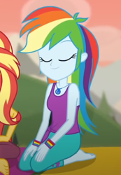 Size: 341x494 | Tagged: safe, screencap, character:rainbow dash, character:sunset shimmer, episode:wake up!, g4, my little pony:equestria girls, barefoot, clothing, cropped, feet, legs, pants, sleeveless, smiling, tank top, wake up!: rainbow dash, yoga, yoga pants