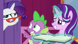 Size: 711x400 | Tagged: safe, screencap, character:rarity, character:spike, character:starlight glimmer, species:dragon, species:pony, species:unicorn, episode:a-dressing memories, book, claws, curtains, eyeroll, female, frown, glasses, glowing horn, hair flip, horn, levitation, magic, magic aura, mare, nervous, nervous grin, rarity is not amused, rarity's glasses, smiling, telekinesis, thumbs up, unamused, winged spike