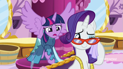 Size: 711x400 | Tagged: safe, screencap, character:rarity, character:twilight sparkle, character:twilight sparkle (alicorn), species:alicorn, species:pony, episode:a-dressing memories, 9now, clothing, crying, dress, glasses, measuring tape, rarity's glasses, spread wings, tears of joy, teary eyes, wings