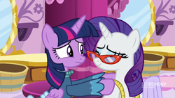 Size: 711x400 | Tagged: safe, screencap, character:rarity, character:twilight sparkle, character:twilight sparkle (alicorn), species:alicorn, species:pony, episode:a-dressing memories, clothing, dress, glasses, measuring tape, rarity's glasses