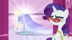 Size: 711x400 | Tagged: safe, screencap, character:rarity, species:pony, species:unicorn, episode:a-dressing memories, clothing, coronation dress, dress, female, mare, rarity's glasses, second coronation dress