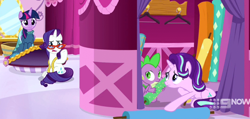 Size: 1364x648 | Tagged: safe, screencap, character:rarity, character:spike, character:starlight glimmer, character:twilight sparkle, character:twilight sparkle (alicorn), species:alicorn, species:dragon, species:pony, species:unicorn, episode:a-dressing memories, 9now, clothing, dress, duckery in the description, female, frown, male, mare, measuring tape, mirror, winged spike